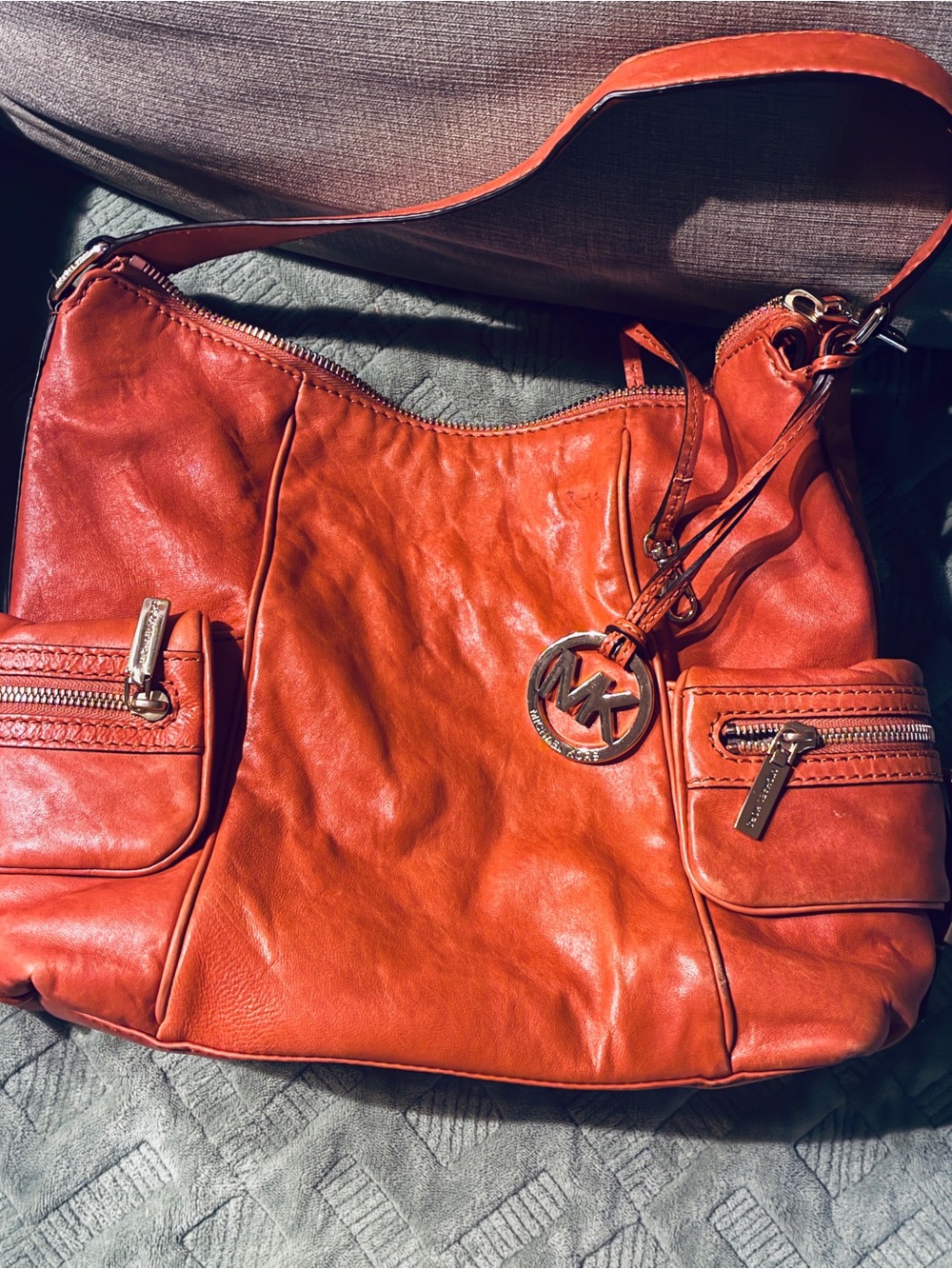 Michael Kors Bright Orange Leather Shoulder Bag with MK Charm